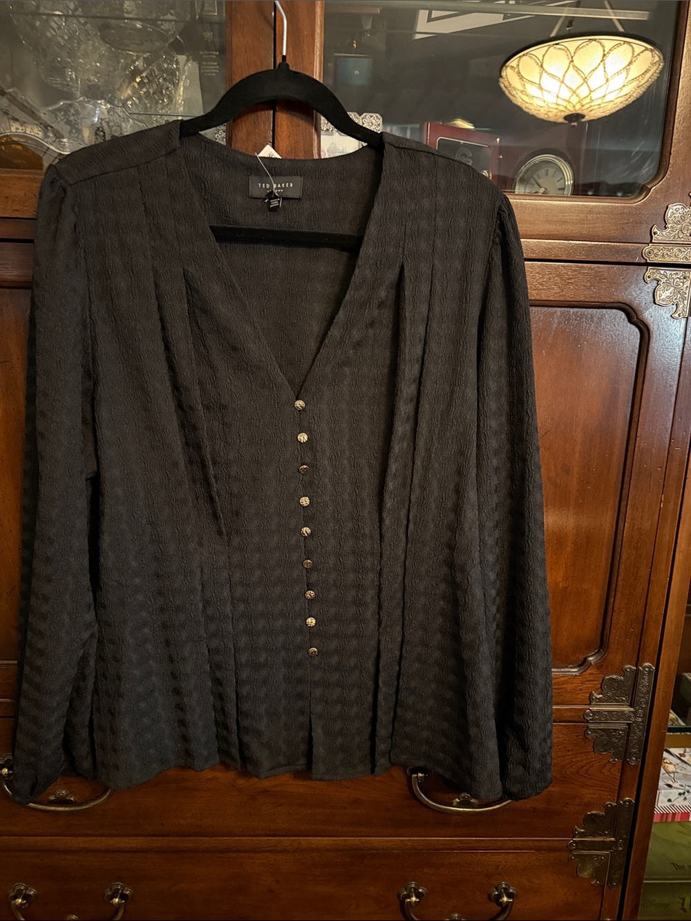 Ted Baker Black Long-Sleeve Button-Front V-Neck Blouse